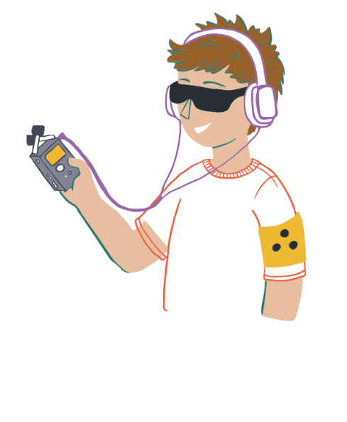 Illustration eines Jugendlichen mit Aufnahmegerät in der and und aufgesetzten Kopfhörern. Er trägt eine Sonnenbrille und ein Blindenabzeichen