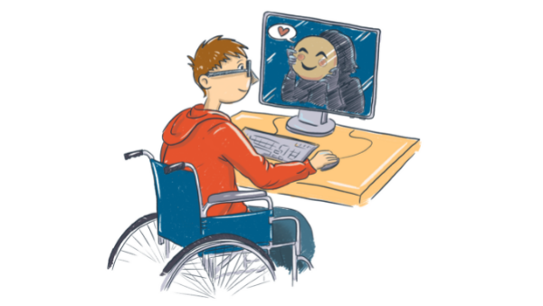 Illustration von einem Jugendlichen im Rollstuhl. Er sitzt an einem Pc. Auf dem Bildschirm ist eine Person mit Emoji-Maske vor dem Gesicht. Von der Person auf dem Bildschirm geht eine Sprechblase mit Herz aus.