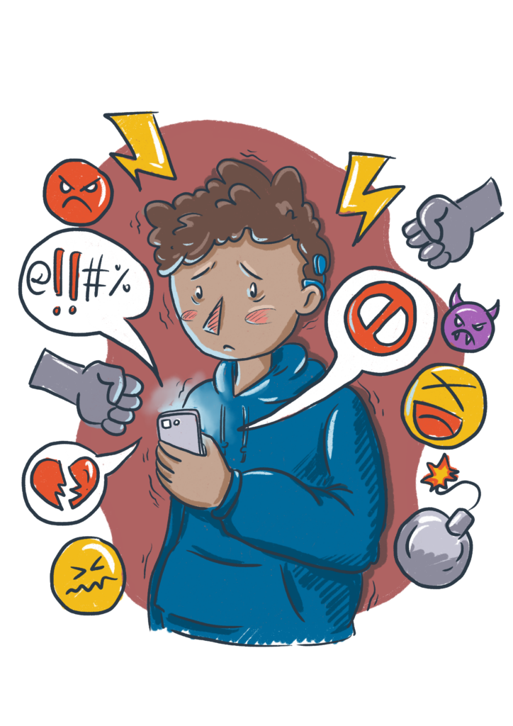 Illustration für Cybermobbing: Trauriges Kind schaut auf Smarthphone, von dem viele böse Nachrichten aufsteigen