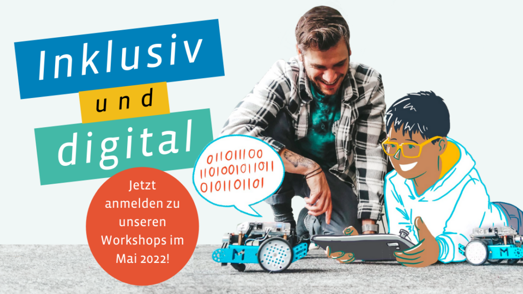 Inklusiv und digital: Jetzt anmelden zu unseren Workshops im Mai 2022. Fachkraft und ein Jugendlicher programmieren einen mBot