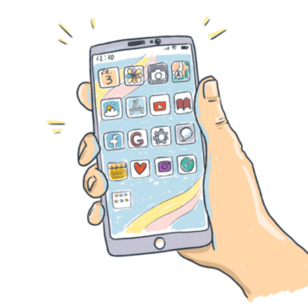 Illustration eines Smartphones mit verschiedenen Apps auf dem Bildschirm. Das Smartphone wird von einer Hand gehalten.