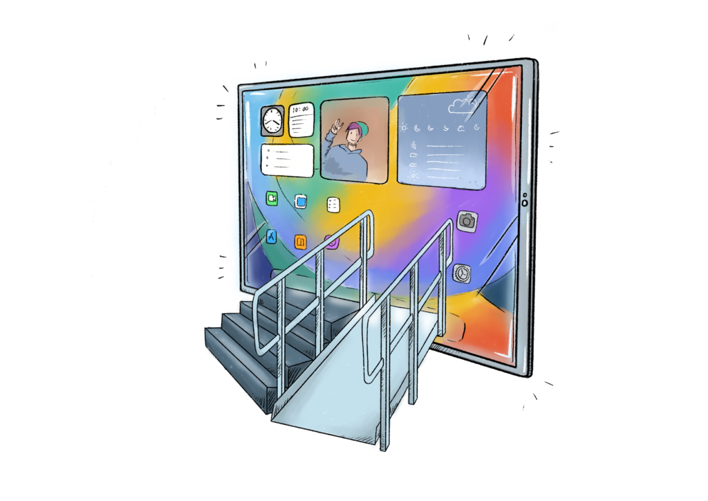 Illustration eines großen Bildschirms mit einer Rampe und Treppen davor als Symbol für Barrierefreiheit