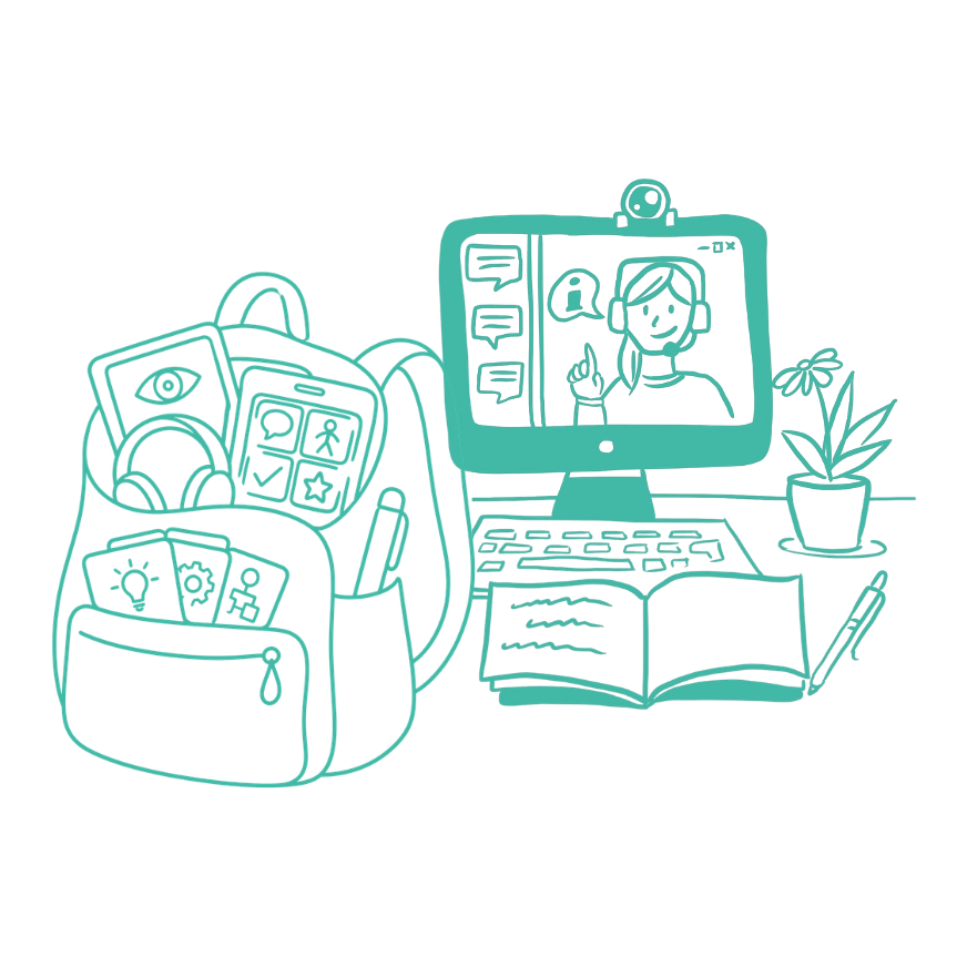 Illustration eines Rucksacks mit Technik und Methodenkarten neben einem Computerbildschirm mit einer Person im Videocall, einer Tastatur, einem aufgeschlagenen Buch und einer kleinen Pflanze